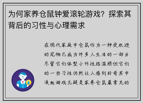 为何家养仓鼠钟爱滚轮游戏？探索其背后的习性与心理需求