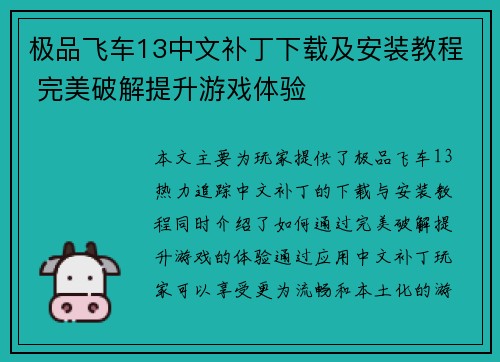 极品飞车13中文补丁下载及安装教程 完美破解提升游戏体验